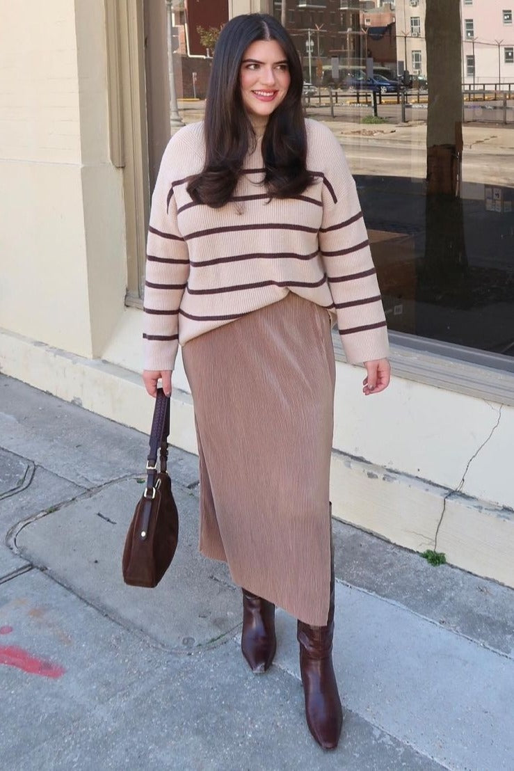 Mocha Pleated Side Slit Midi Skirt