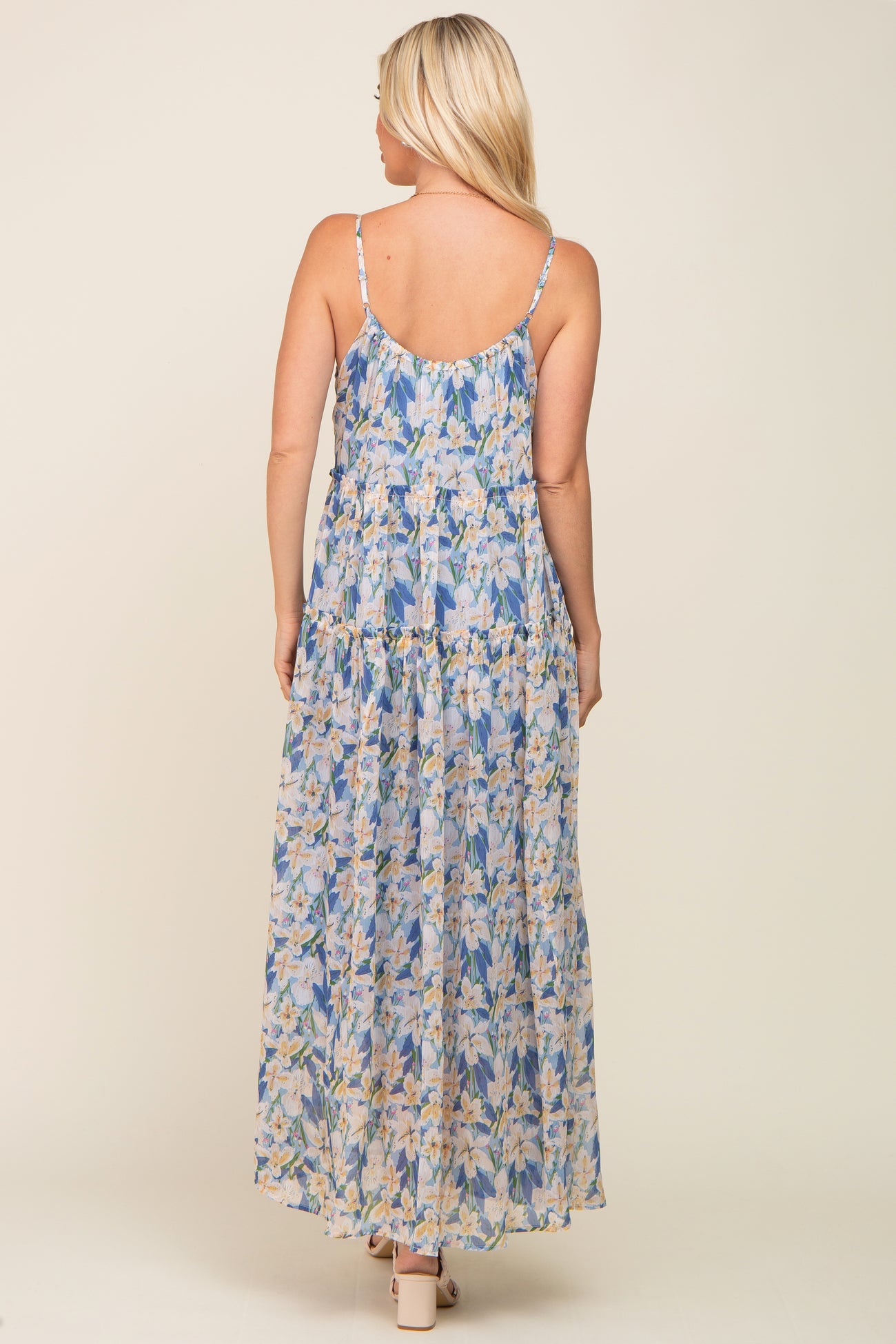 Blue Floral Chiffon Sleeveless Maxi Dress