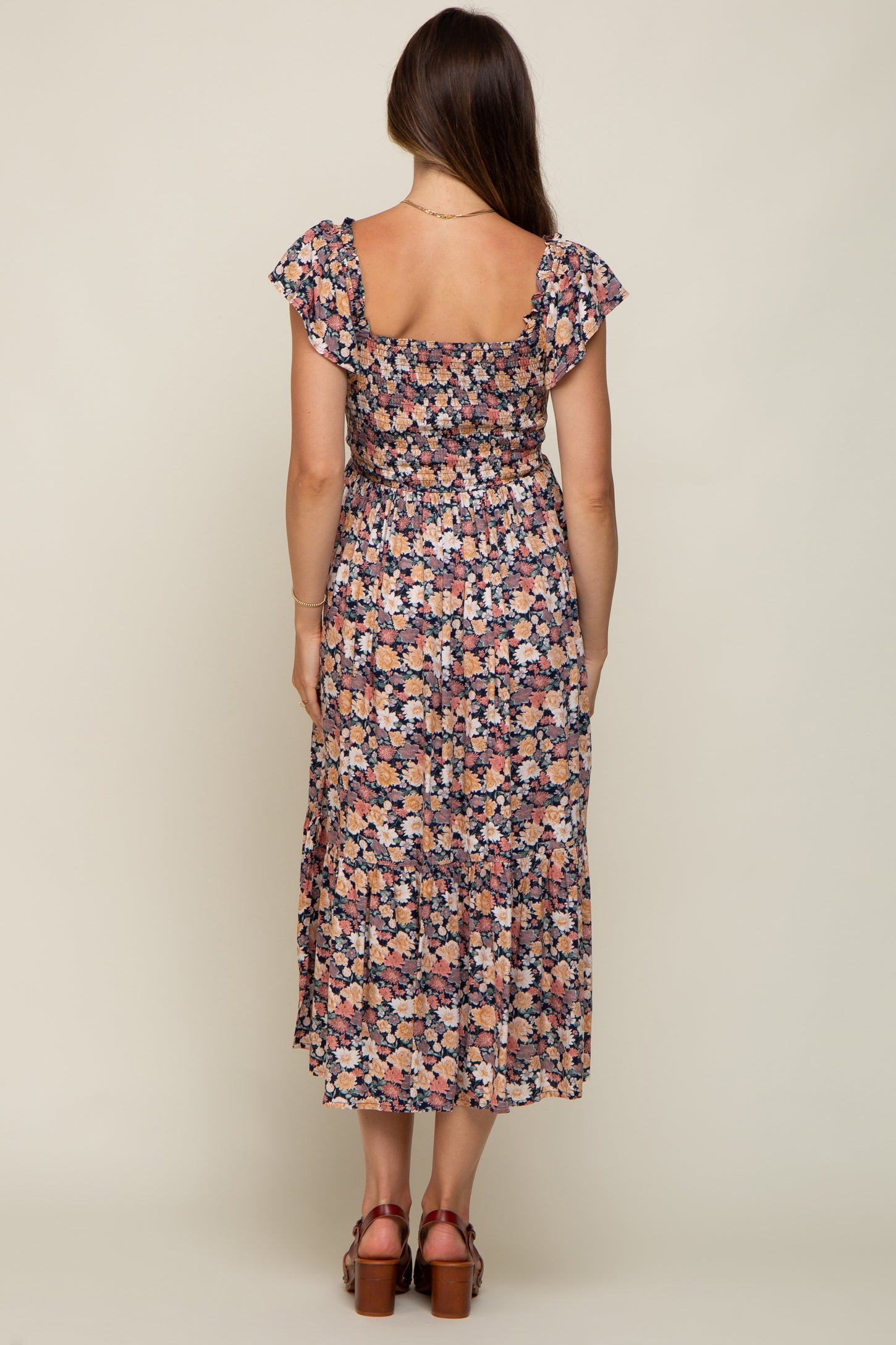 Black Floral Off Shoulder Smocked Maternity Midi Dress