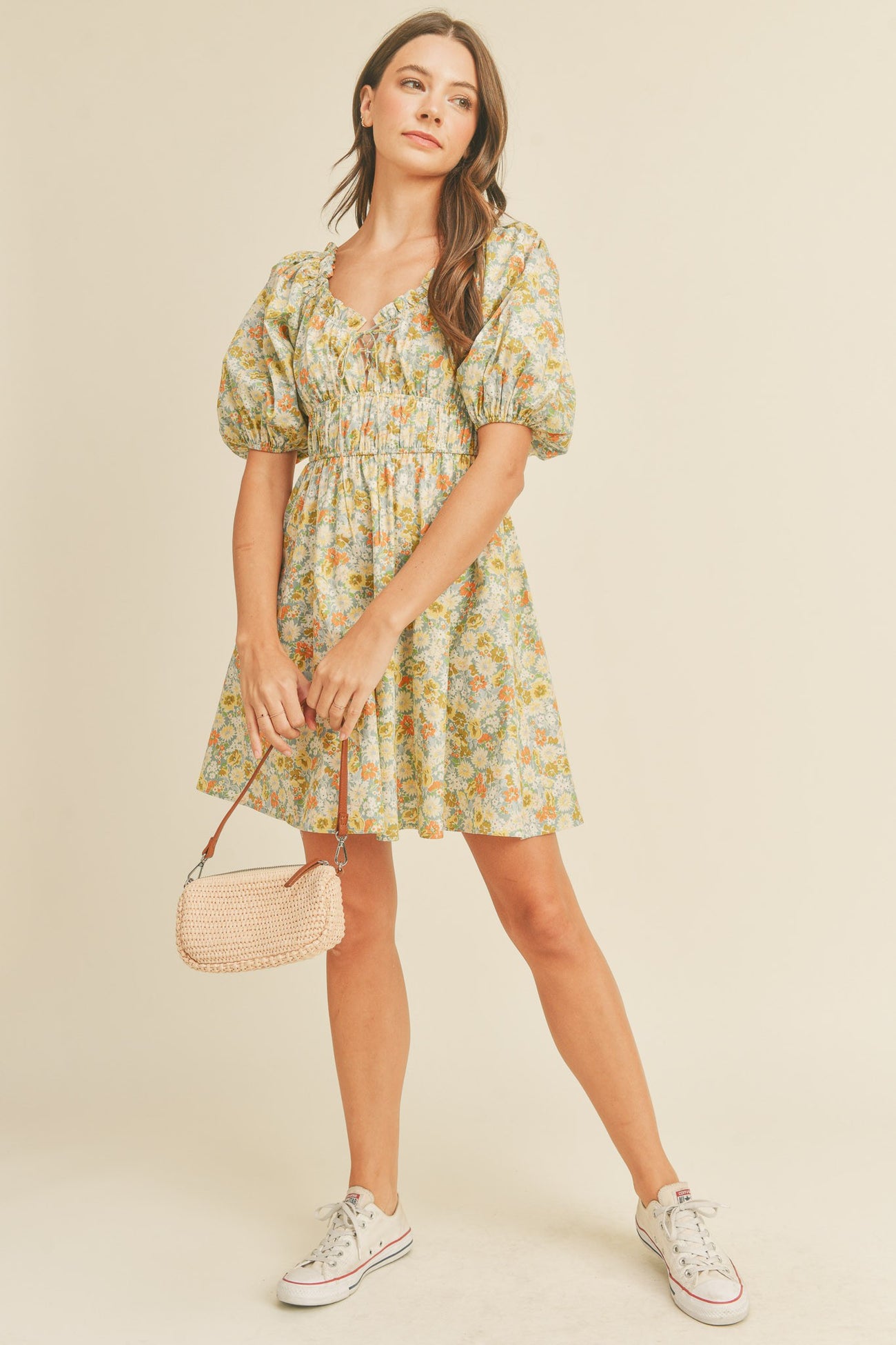 Blue Floral Sweetheart Neckline Mini Dress