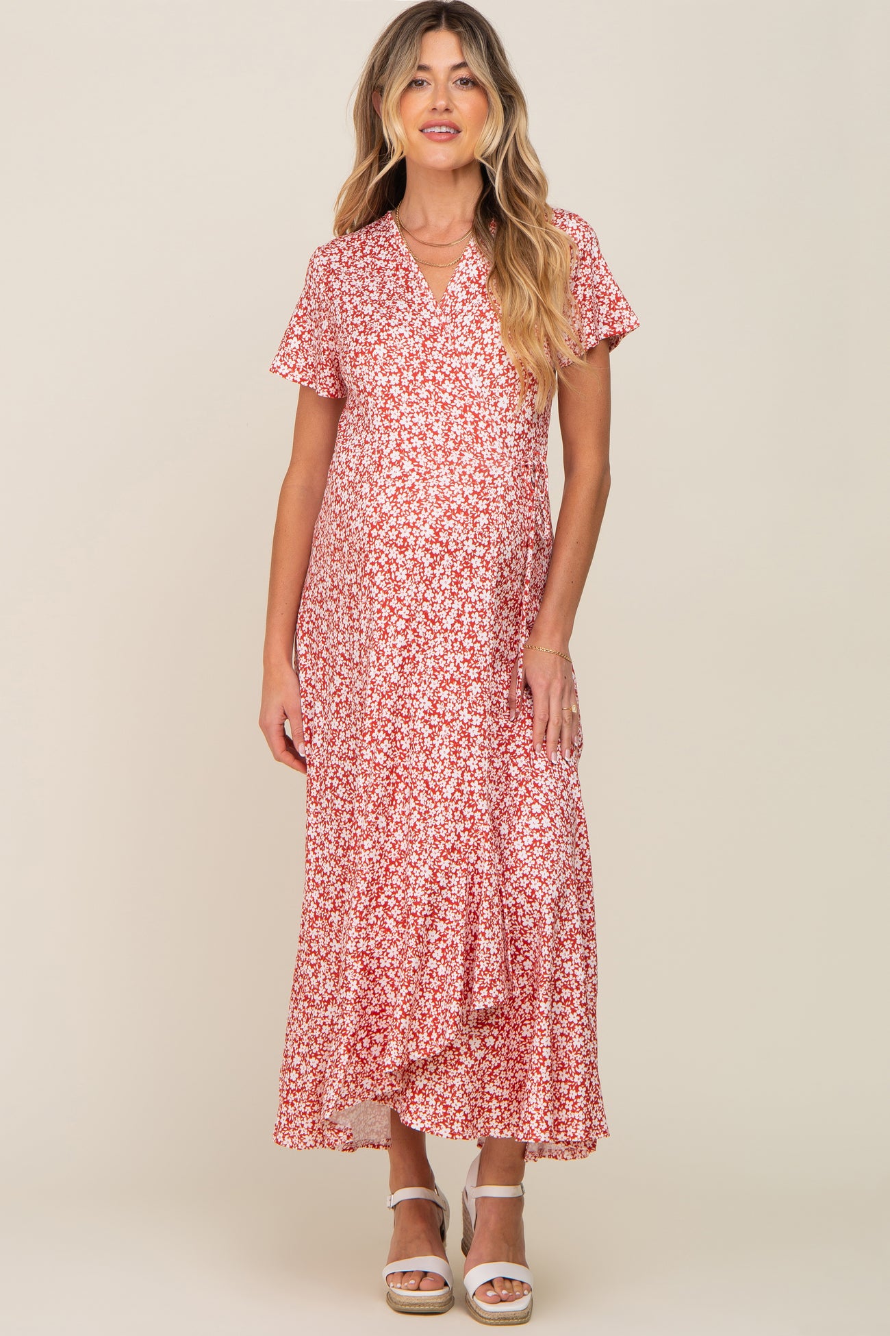 Red Floral Short Sleeve Maternity Wrap Maxi Dress