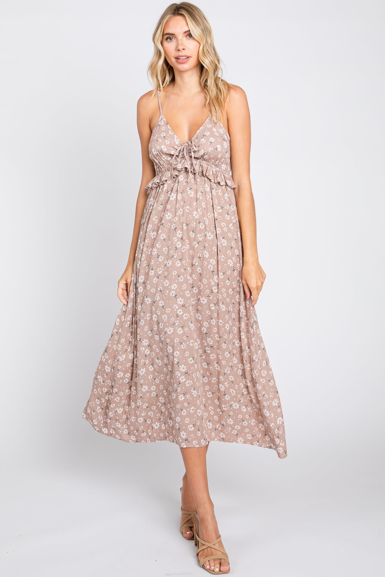 Mocha Daisy Floral Front Tie Ruffle Waist Maternity Midi Dress
