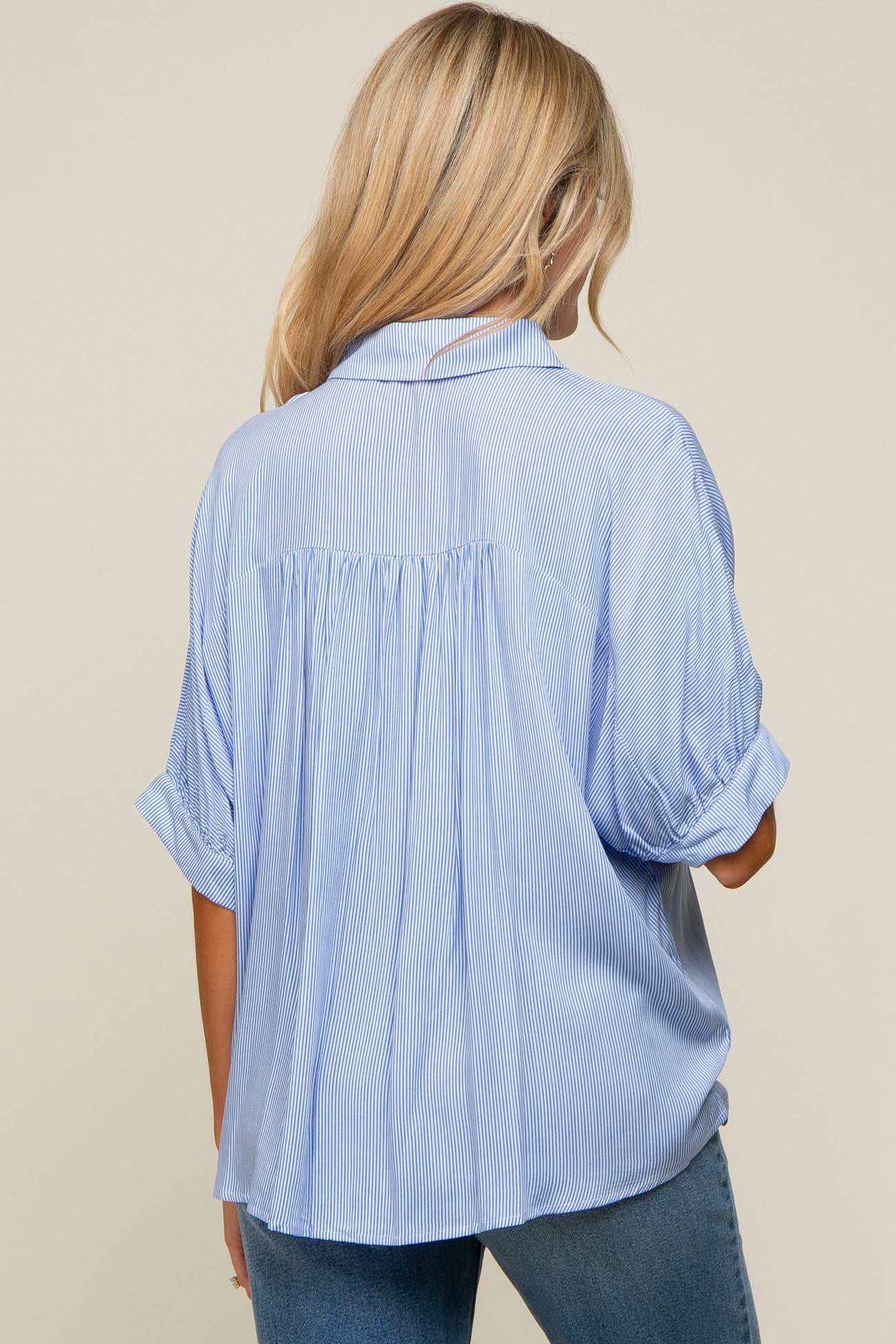 Blue Striped Button Front Collared Short Sleeve Maternity Top