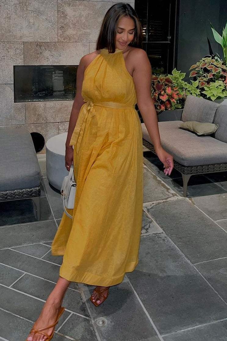 Yellow Linen A-line Midi Dress