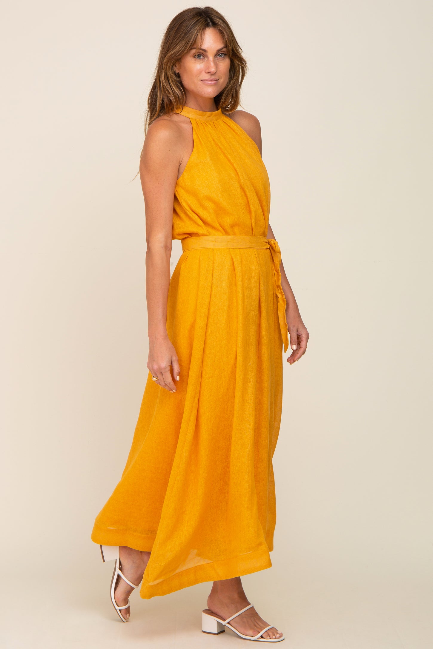 Yellow Linen A-line Midi Dress