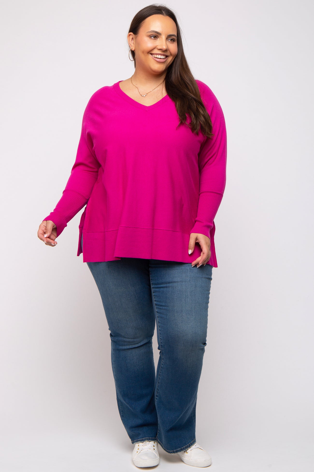 Fuchsia Knit Long Dolman Sleeve Plus Maternity Top