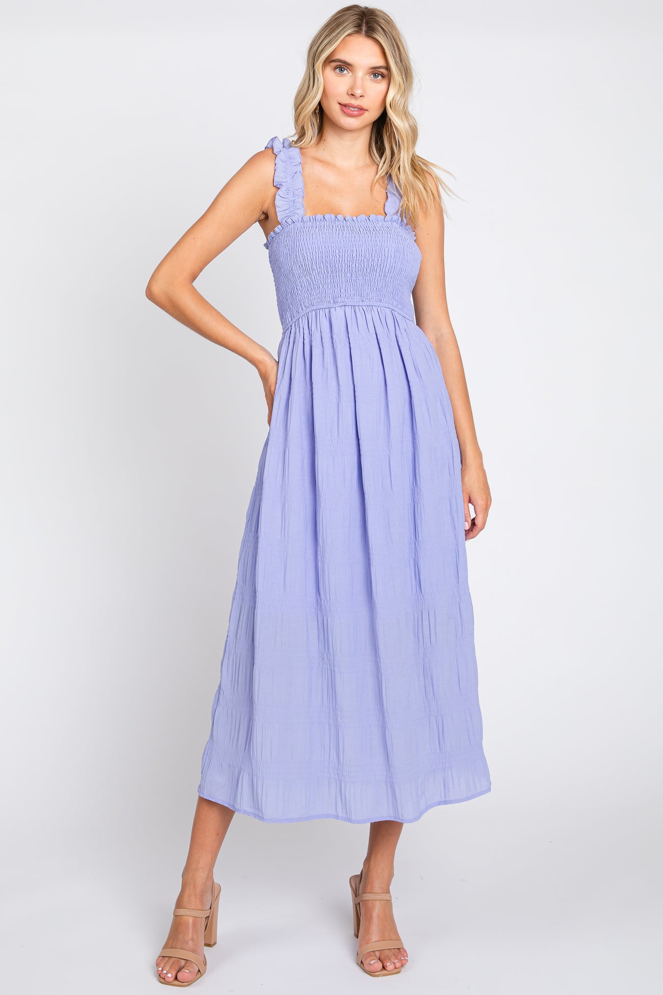 Lavender Smocked Square Neck Maternity Midi Dress
