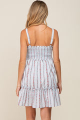 Light Blue Striped Floral Sleeveless Tiered Maternity Dress