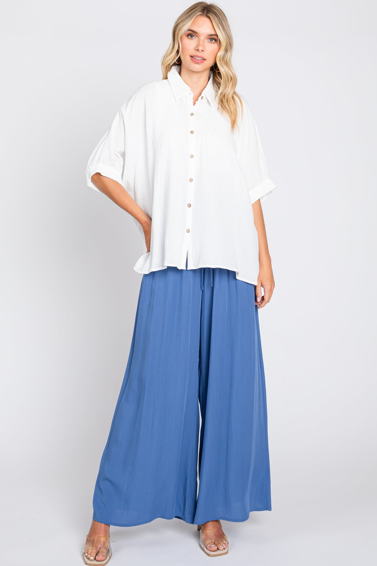 White Gauze Double Layered Button Up Top