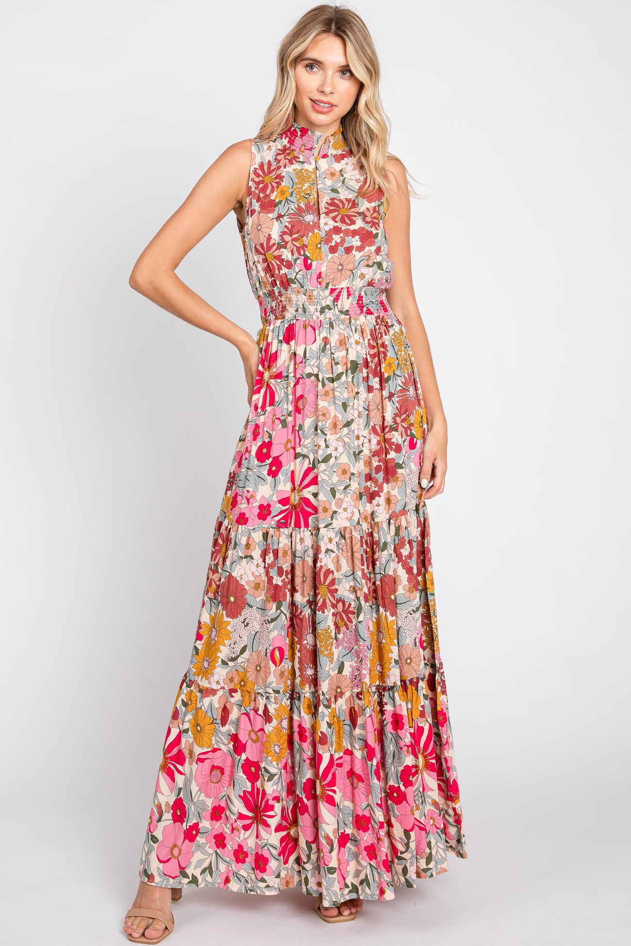Pink Floral Mock Neck Maternity Maxi Dress