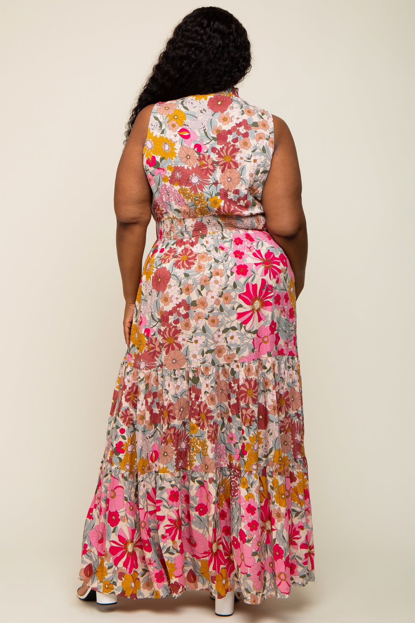 Pink Floral Mock Neck Plus Maxi Dress