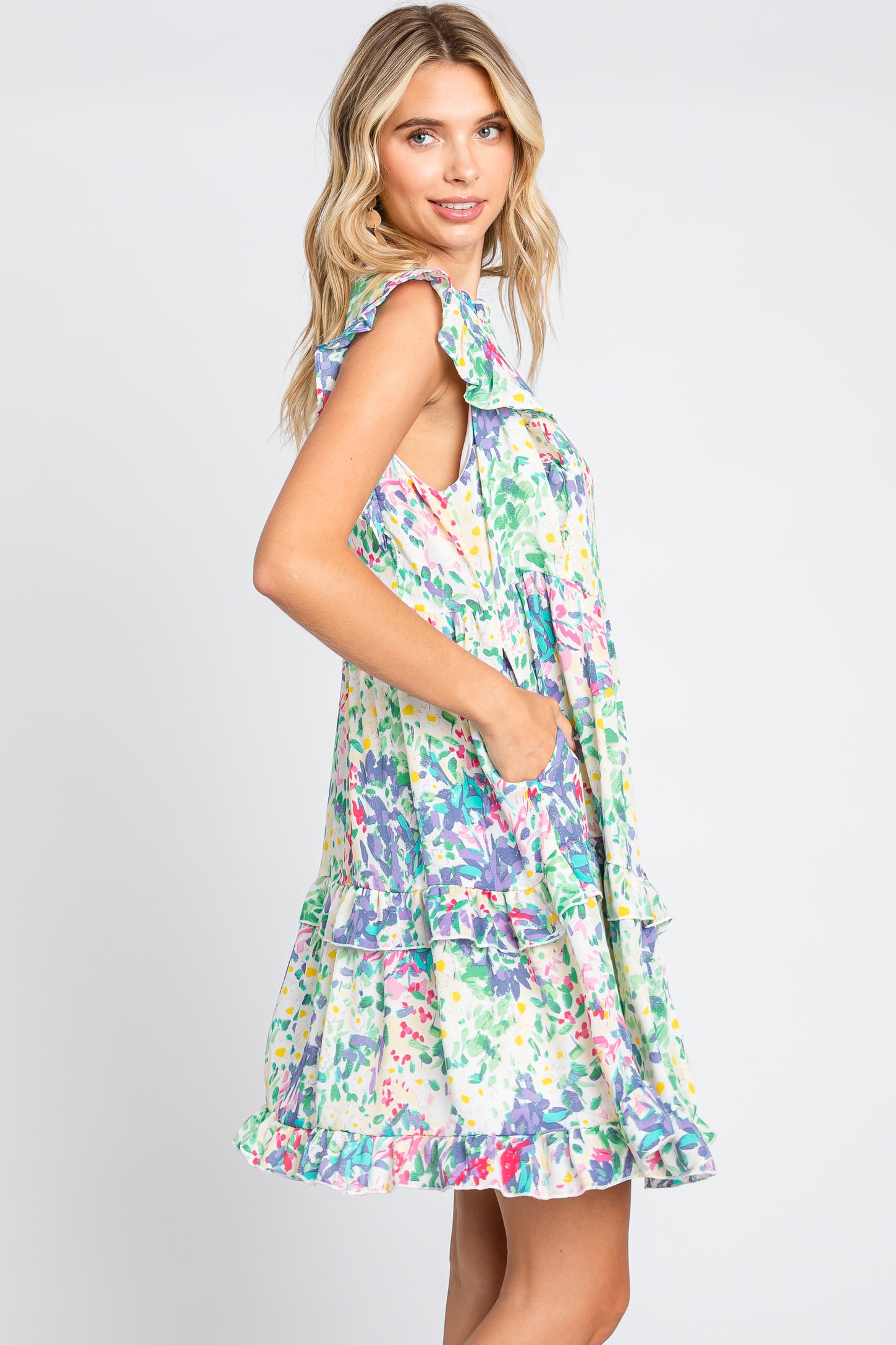 Lavender Floral Chiffon Ruffle Mock Neck Dress