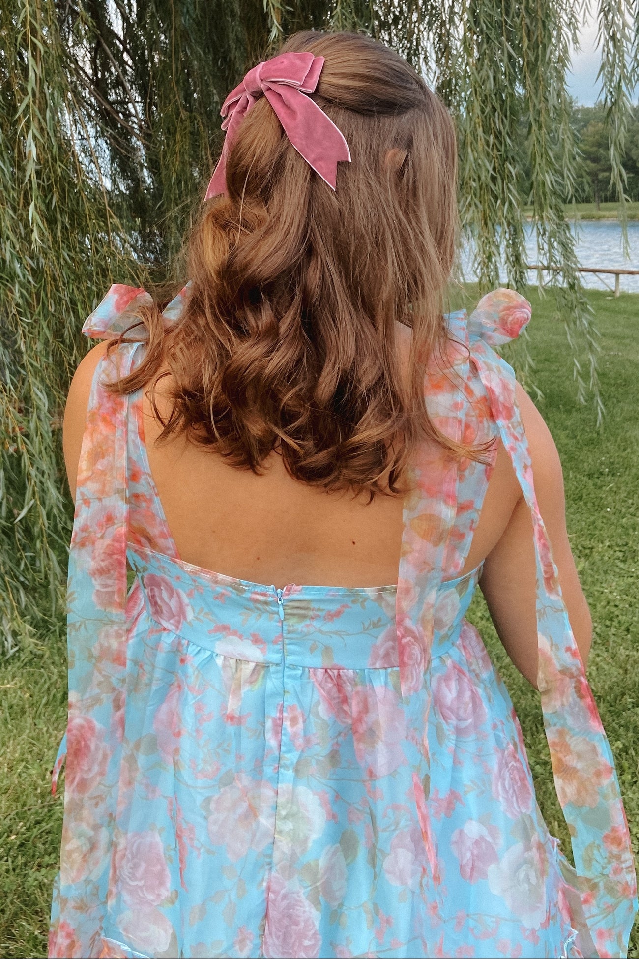 Blue Tiered Floral Print Organza Maxi Dress