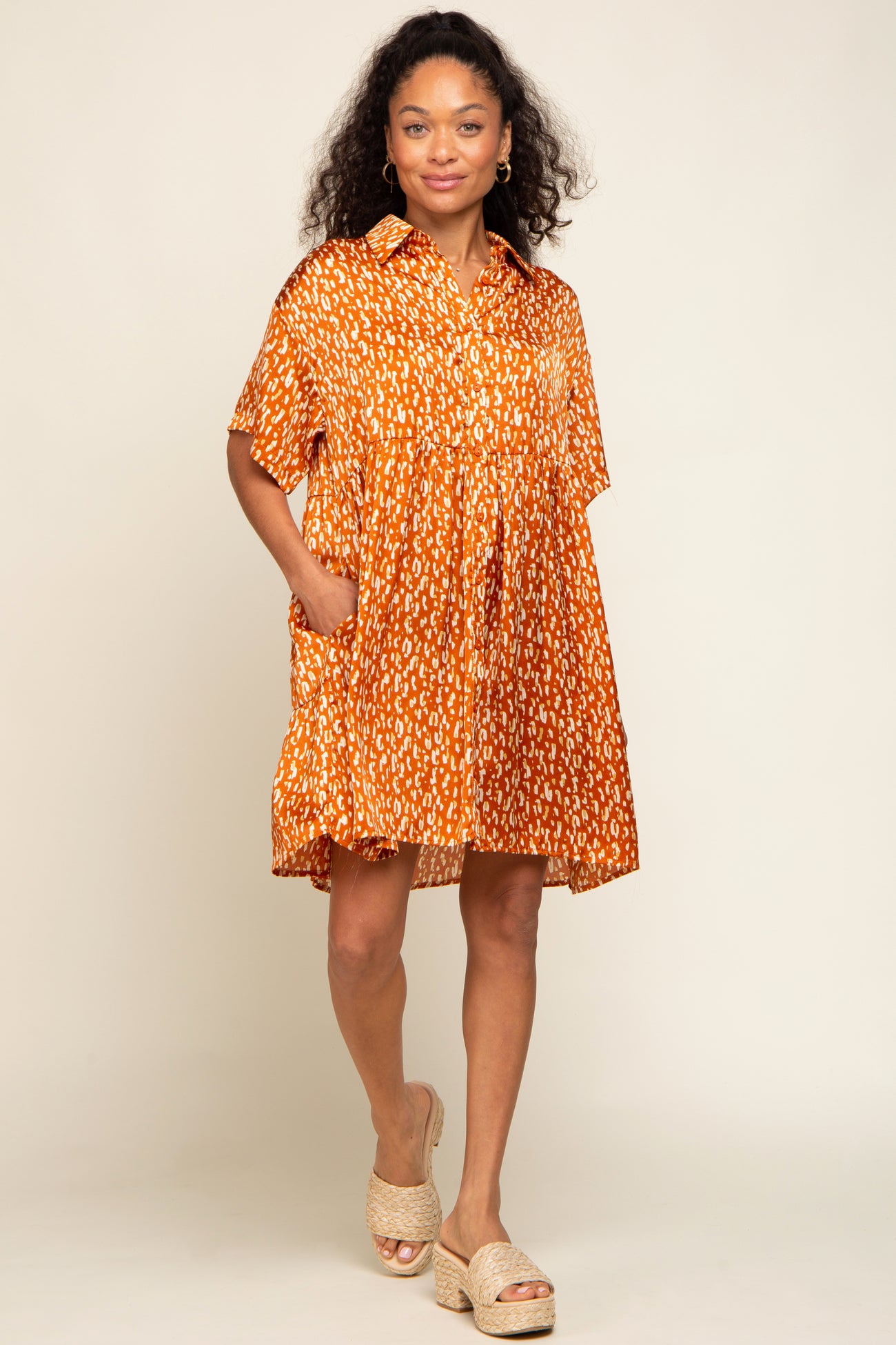 Rust Printed Satin Collared Maternity Dress