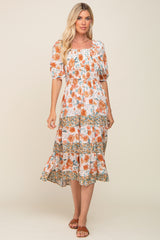 Cream Floral Puff Sleeve Tiered Midi Dress