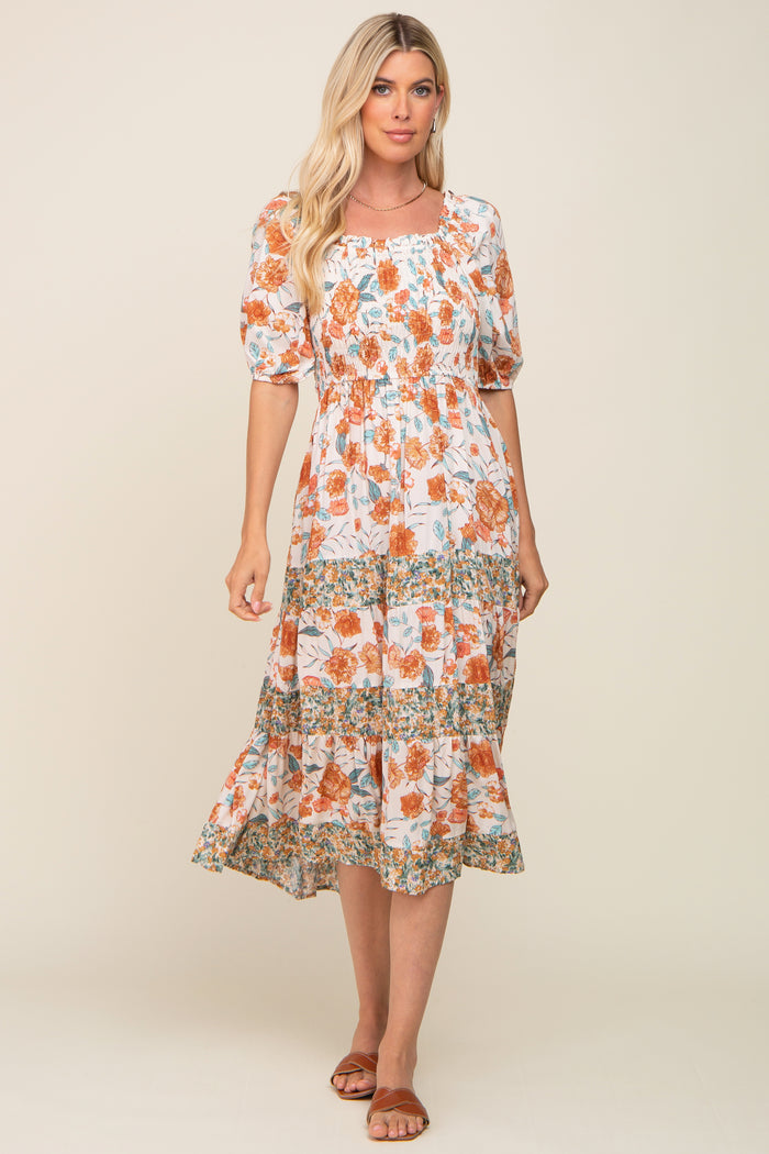 Cream Floral Puff Sleeve Tiered Midi Dress