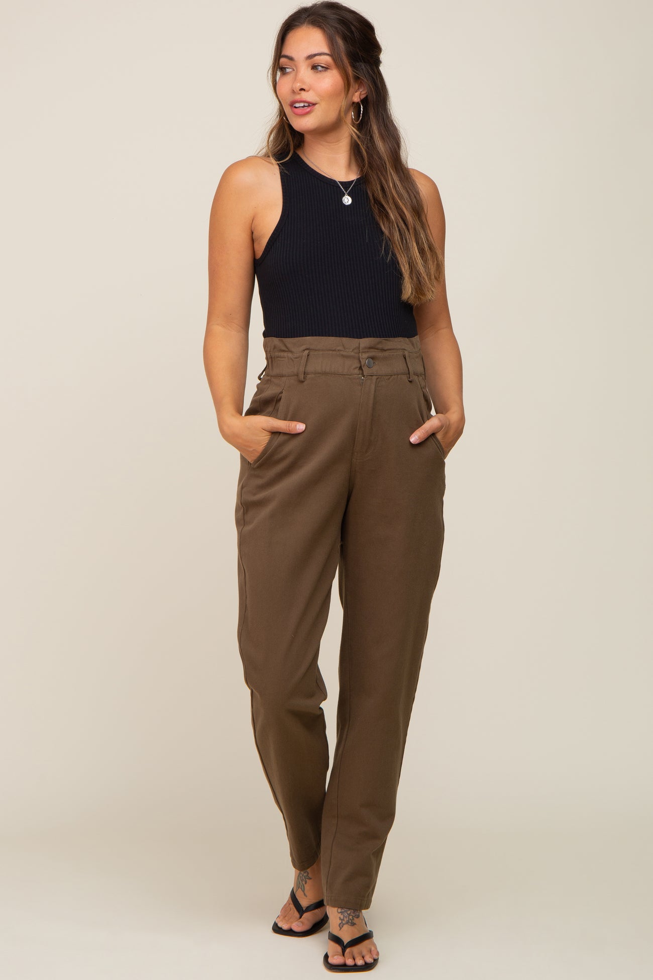 Olive Smocked Waist Straight Leg Maternity Jeans