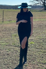 Black Mock Neck Front Slit Short Sleeve Maternity Maxi Dress