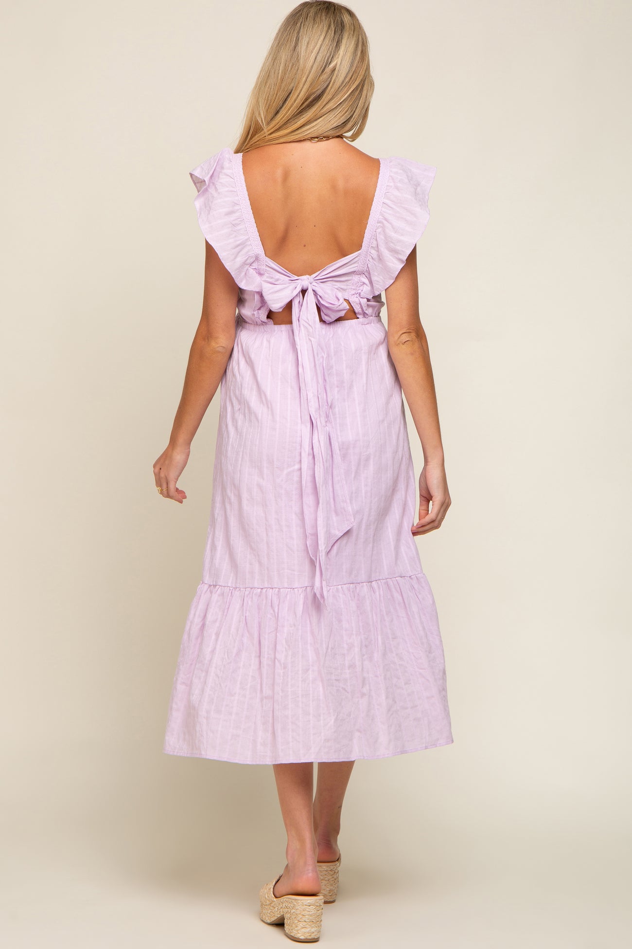 Lavender Floral Embroidered Tie Back Maternity Midi Dress