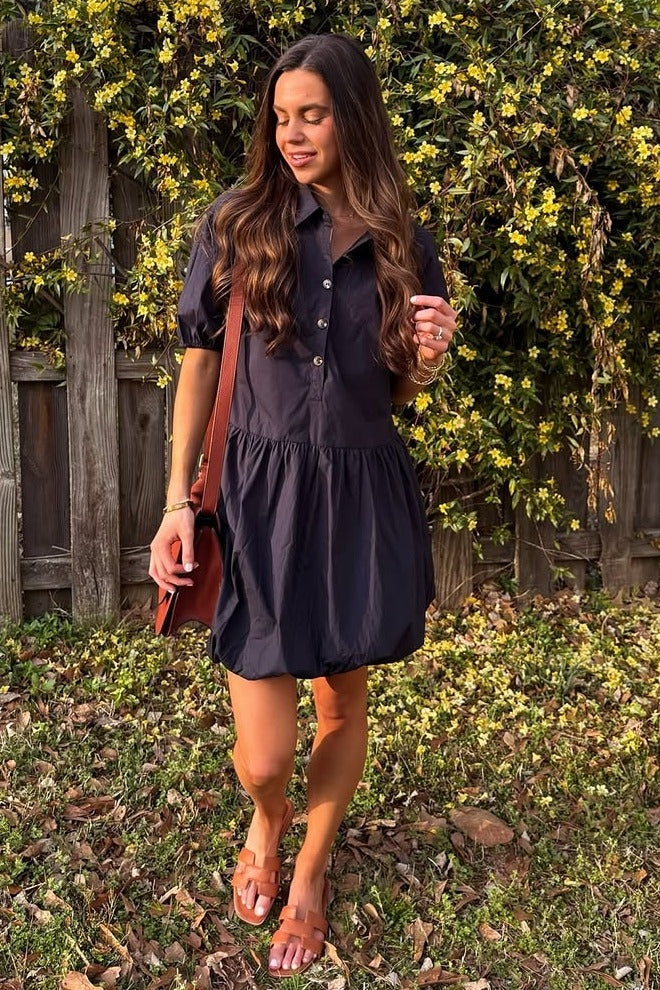 Navy Button Front Bubble Mini Dress