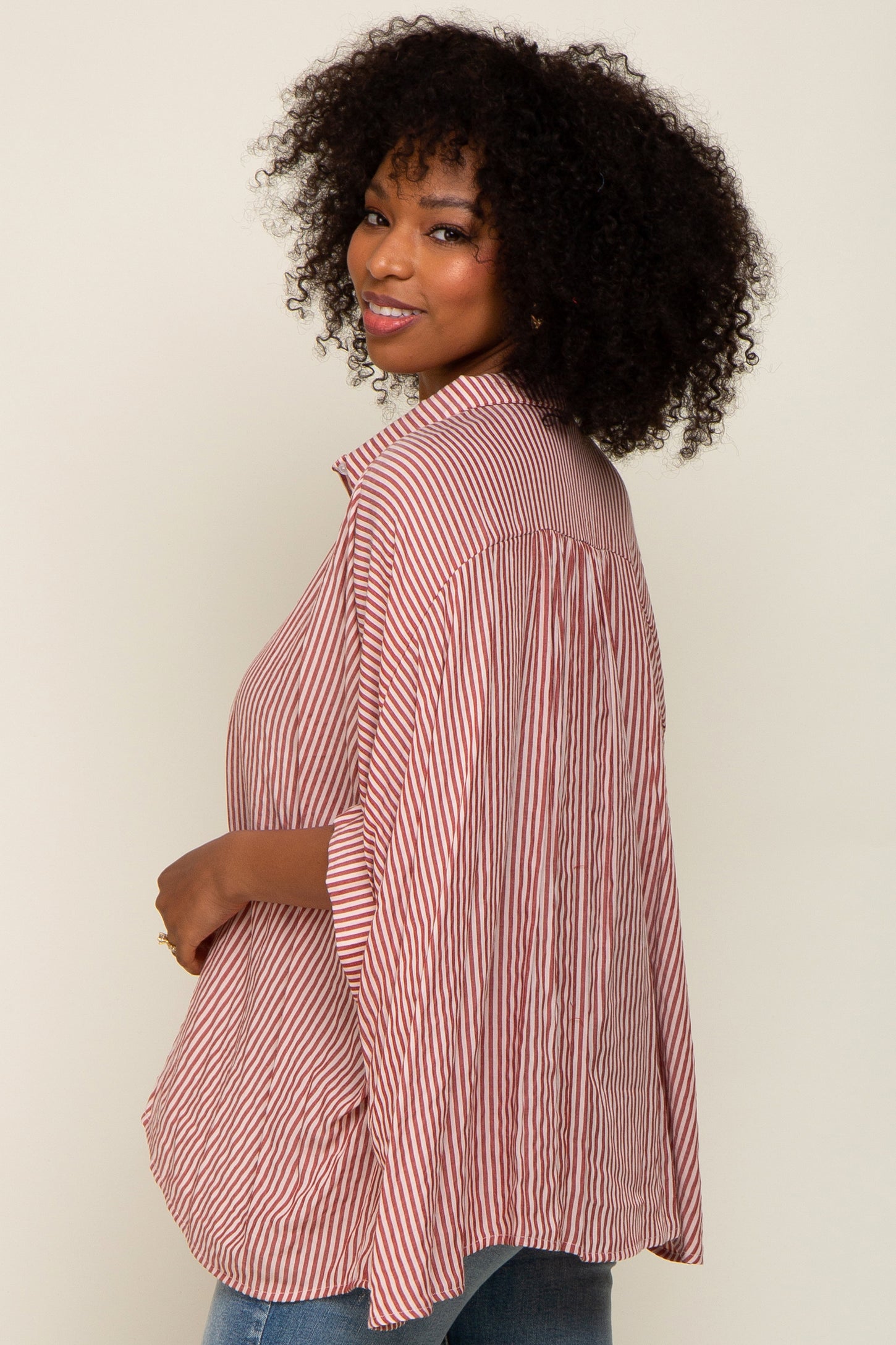 Red Striped Dolman Button Down Top
