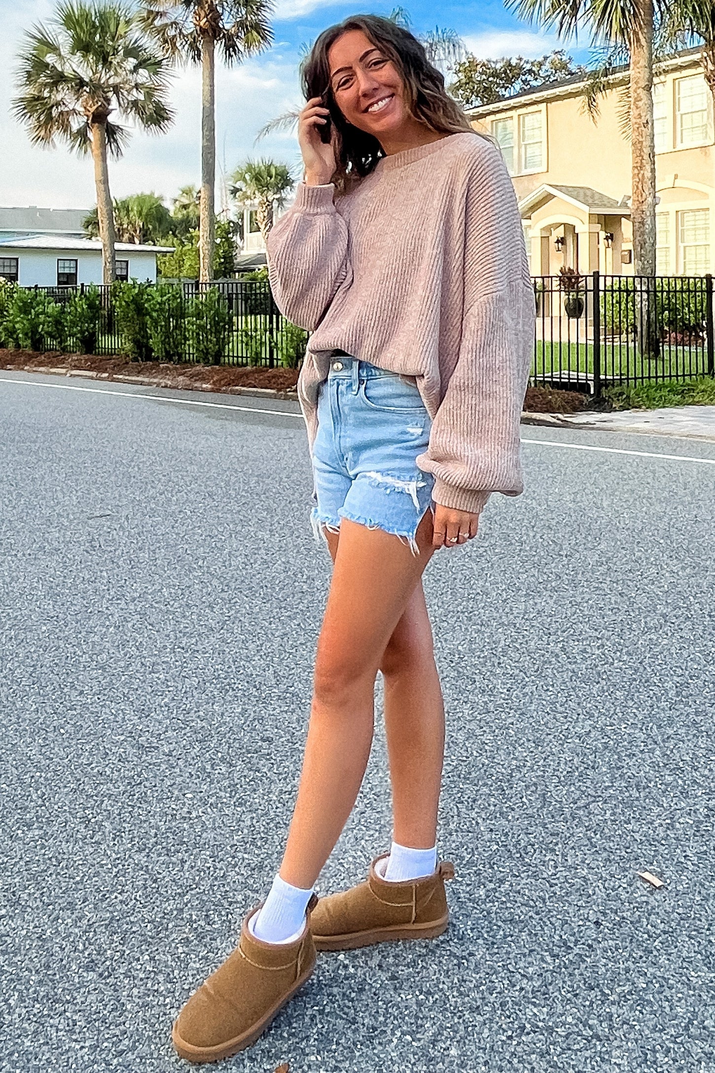 Beige Chenille Knit Balloon Sleeve Sweater