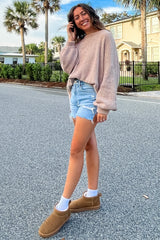 Beige Chenille Knit Balloon Sleeve Sweater