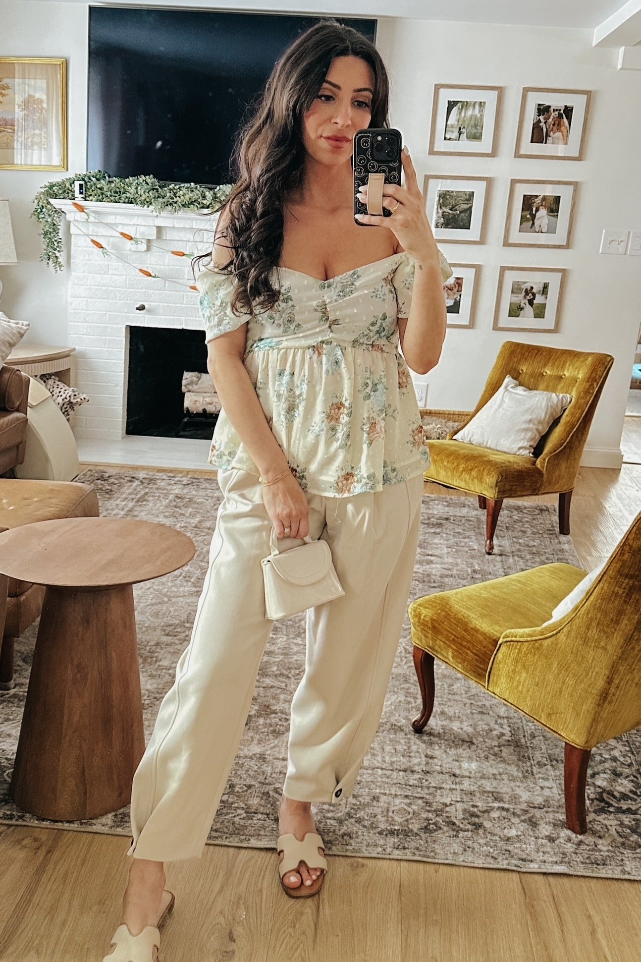 Cream Floral Sweetheart Puff Sleeve Peplum Top