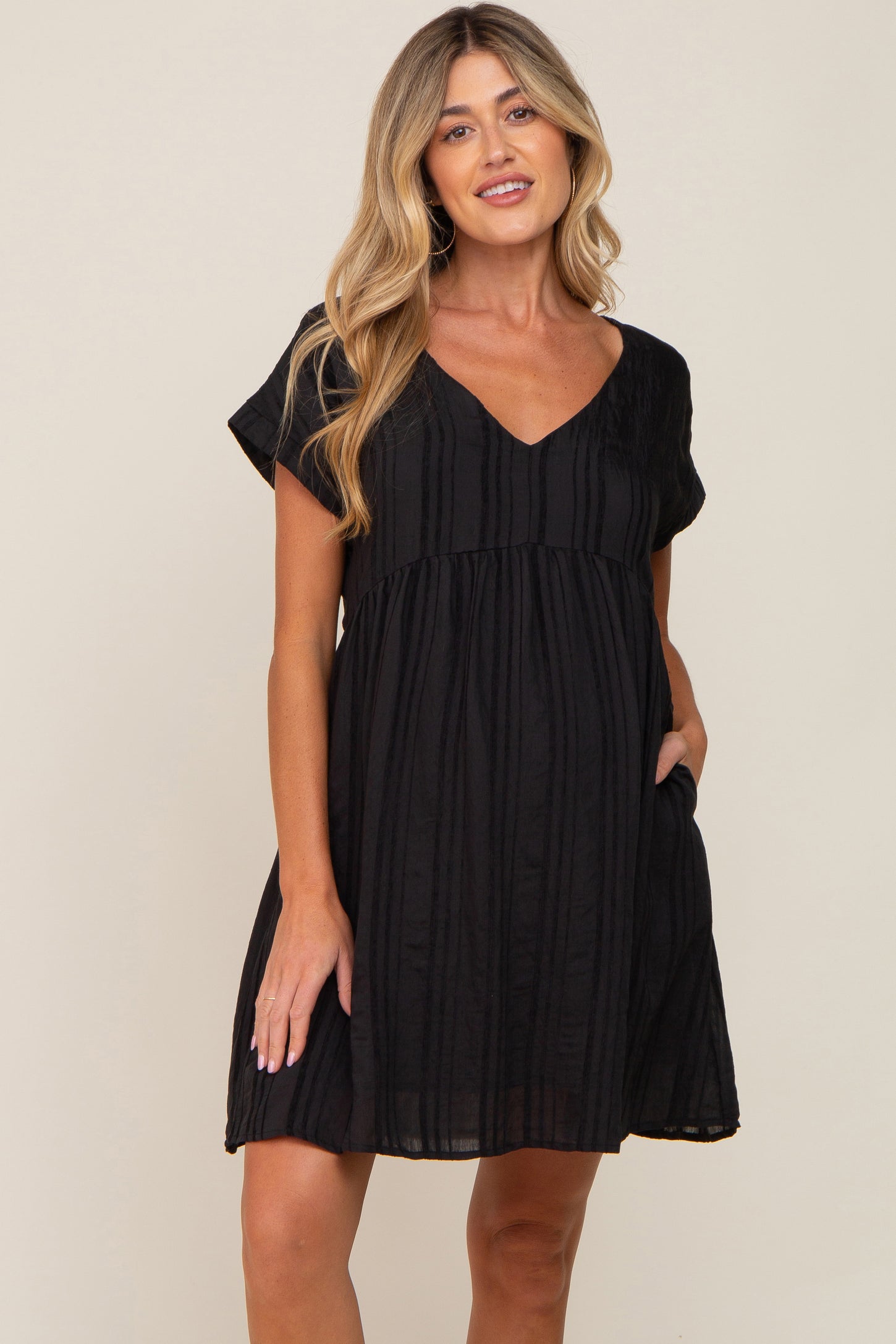 Black Striped Pocketed Maternity Dress