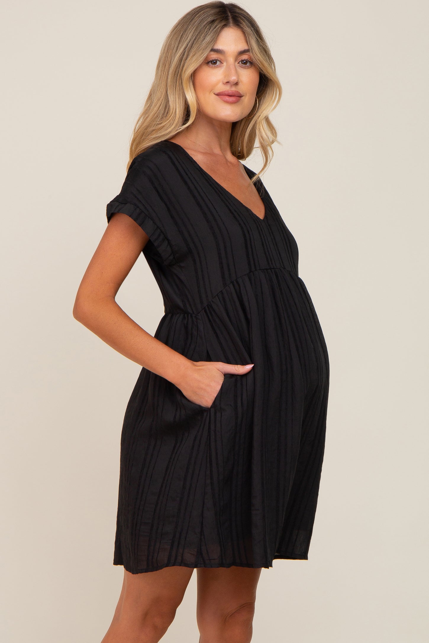 Black Striped Pocketed Maternity Dress