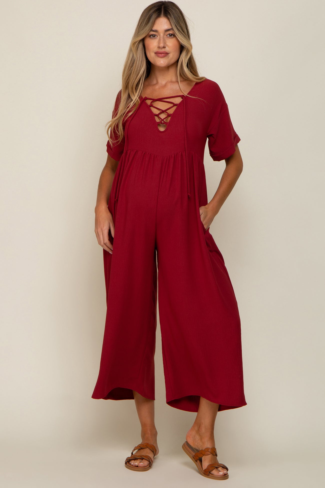 Burgundy Crisscross Wide Leg Maternity Jumpsuit