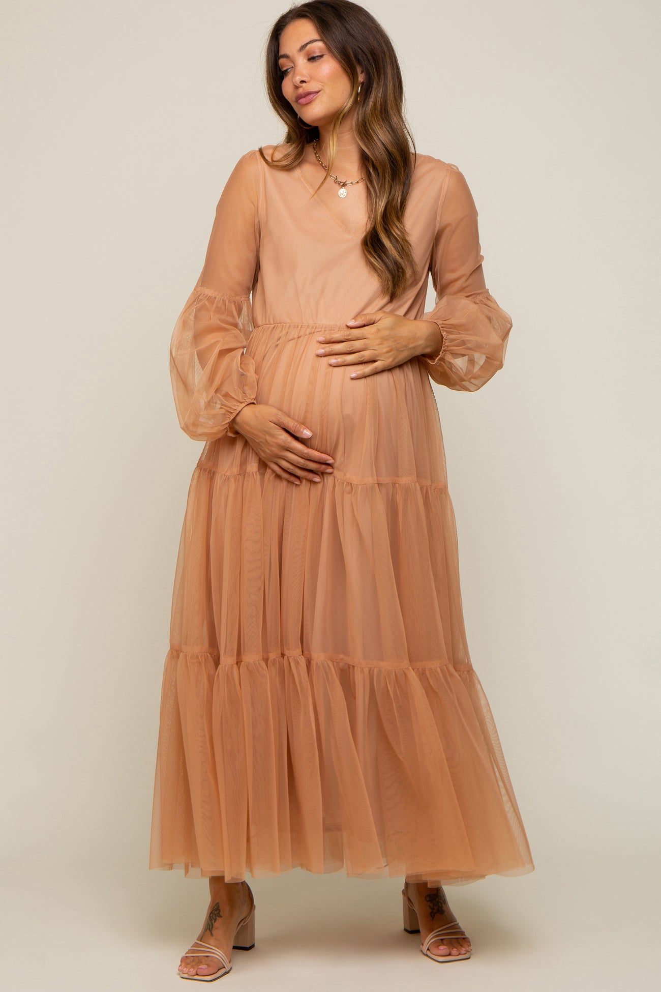 Rust Mesh Overlay Tiered Maternity Maxi Dress