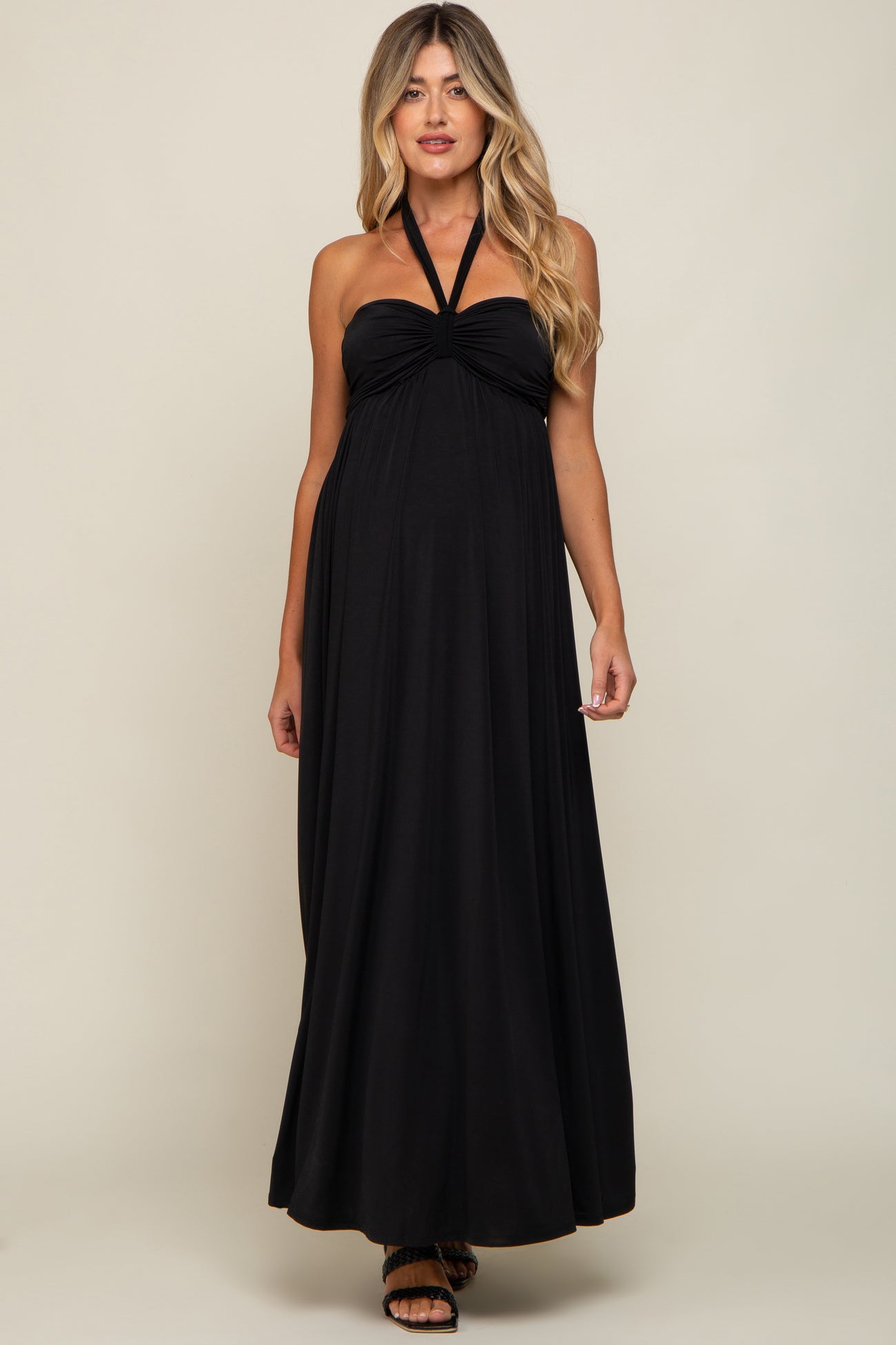 Black Front Knot Halter Maternity Maxi Dress