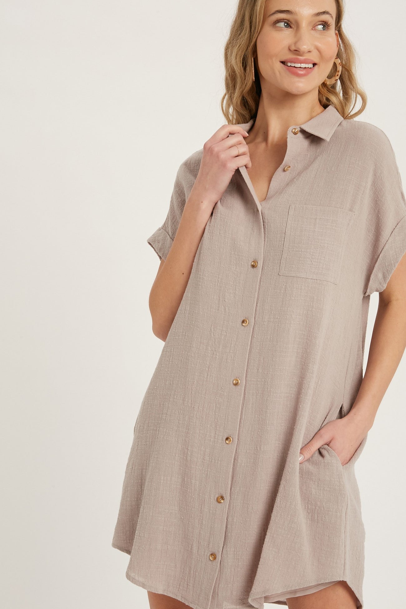 Mocha Button Up Shirt Dress With Pocket