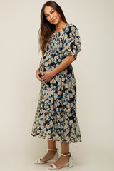 Black Floral Puff Sleeve Maternity Midi Dress
