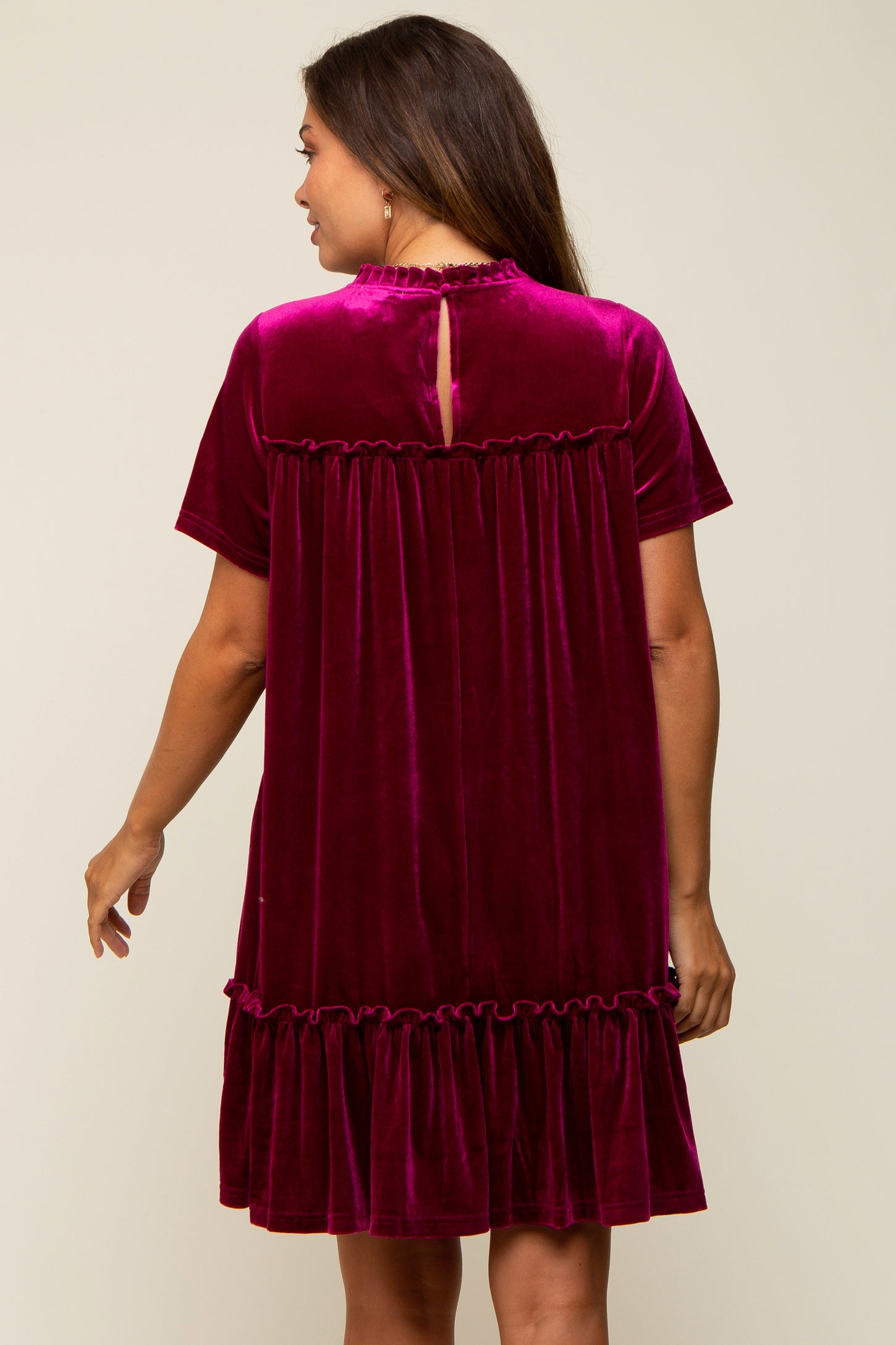 Burgundy Jade Ruffle Accent Velvet Maternity Dress