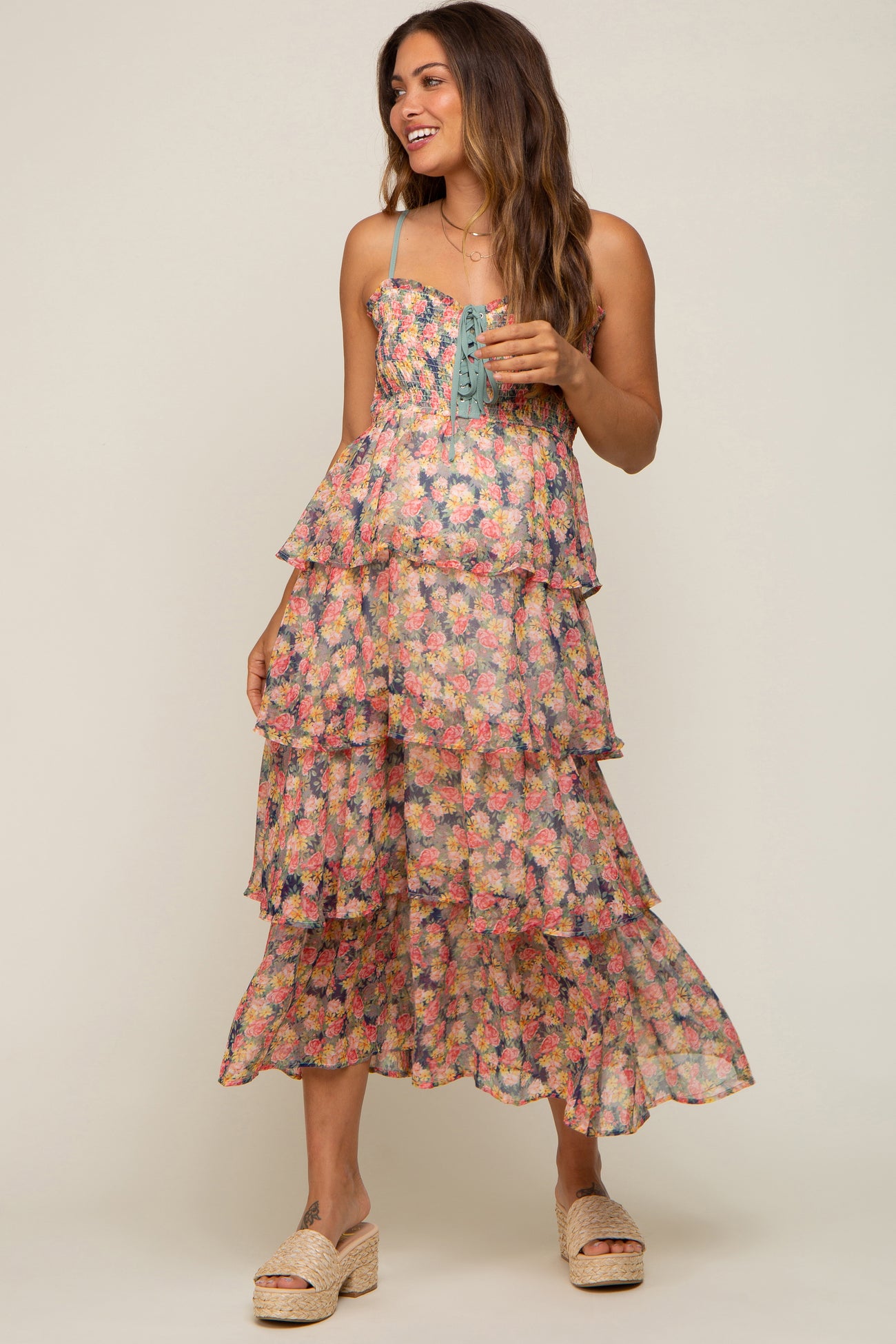 Navy Floral Sleeveless Tiered Maternity Maxi Dress
