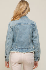 woman wearing a light blue maternity denim jacket with frayed hem and long sleeves, viewed from the back