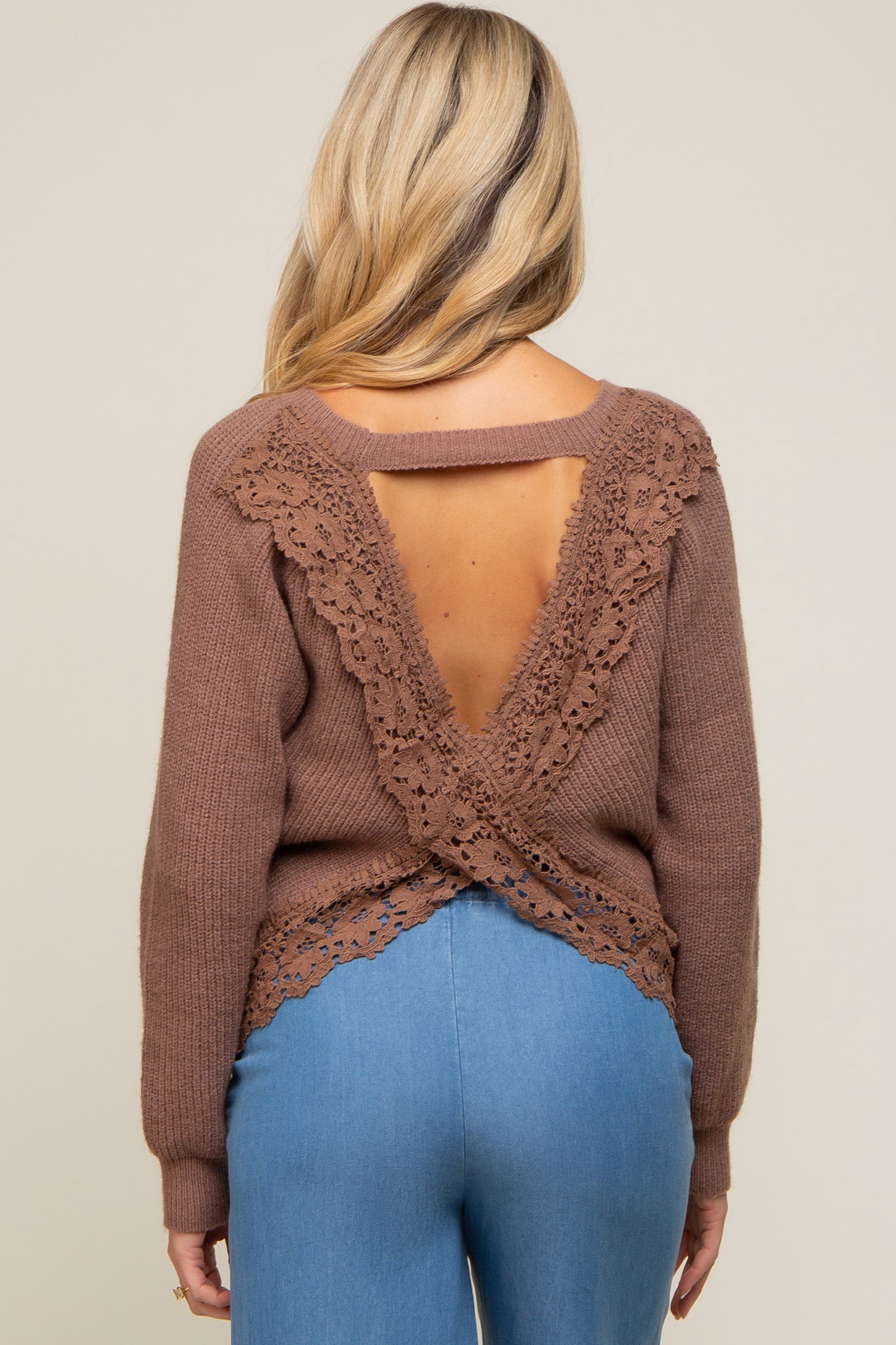 Mocha Back Cutout Lace Accent Maternity Sweater