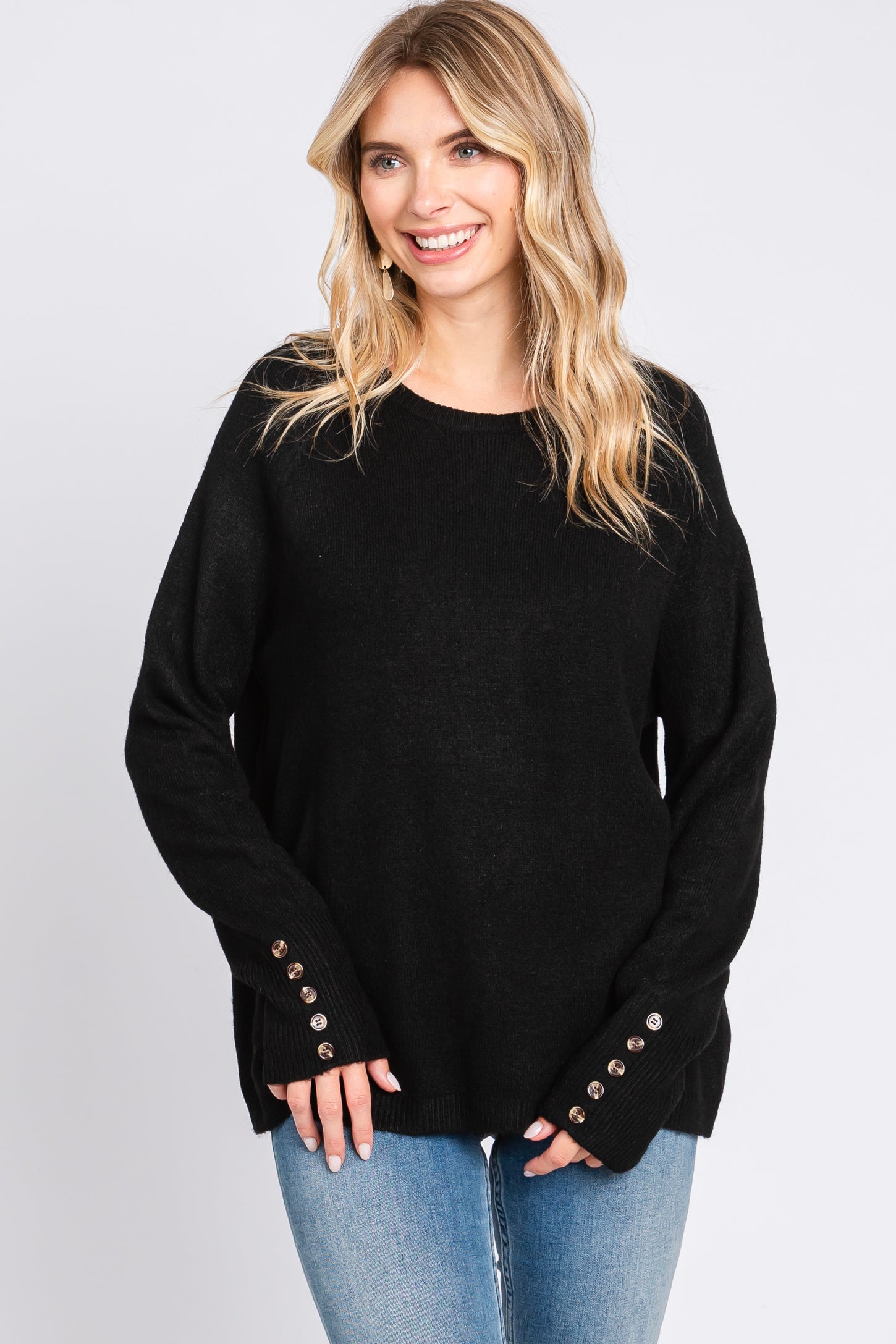 Black Button Accent Solid Maternity Sweater