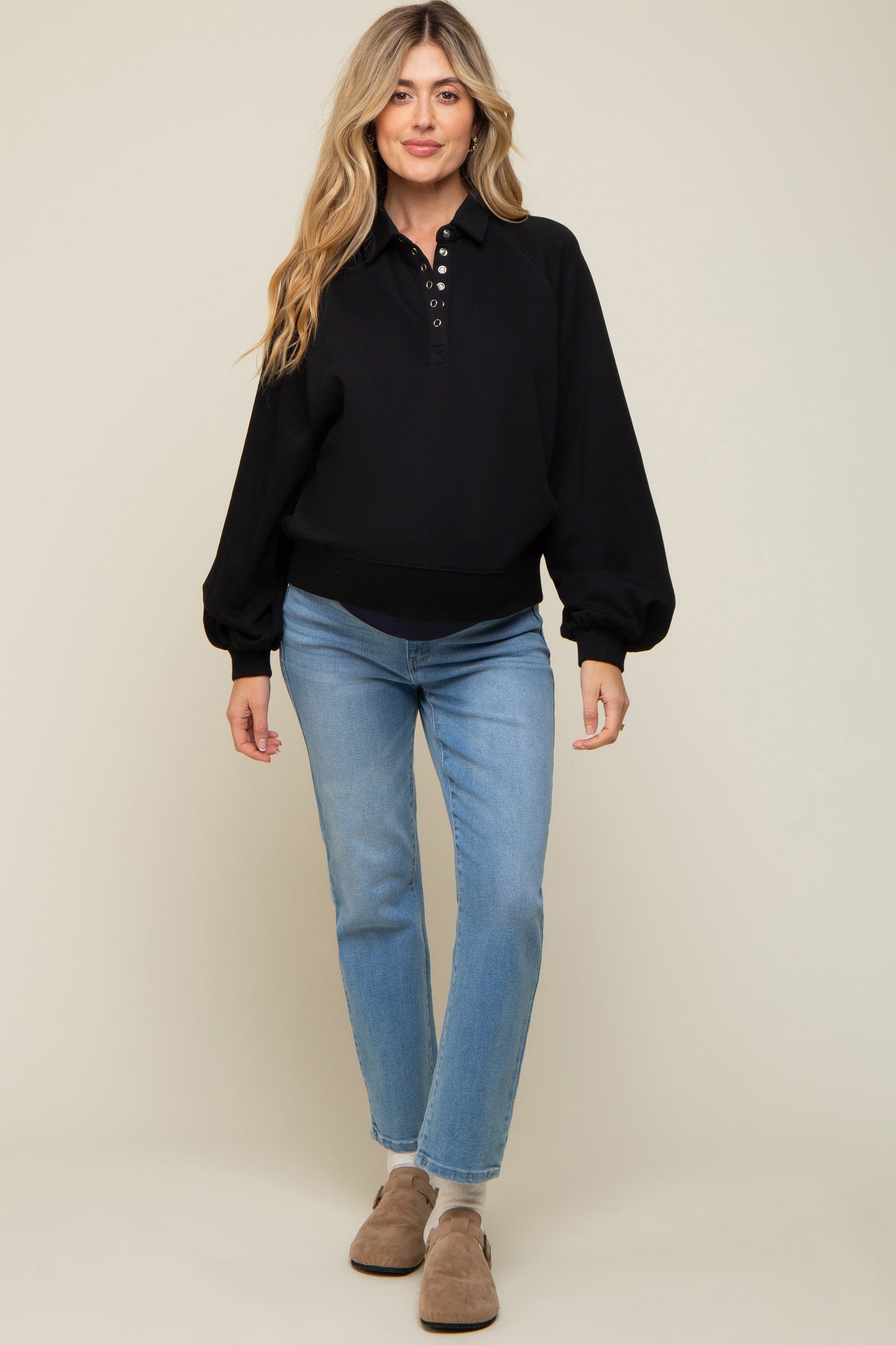 Black Collared Button Maternity Pullover