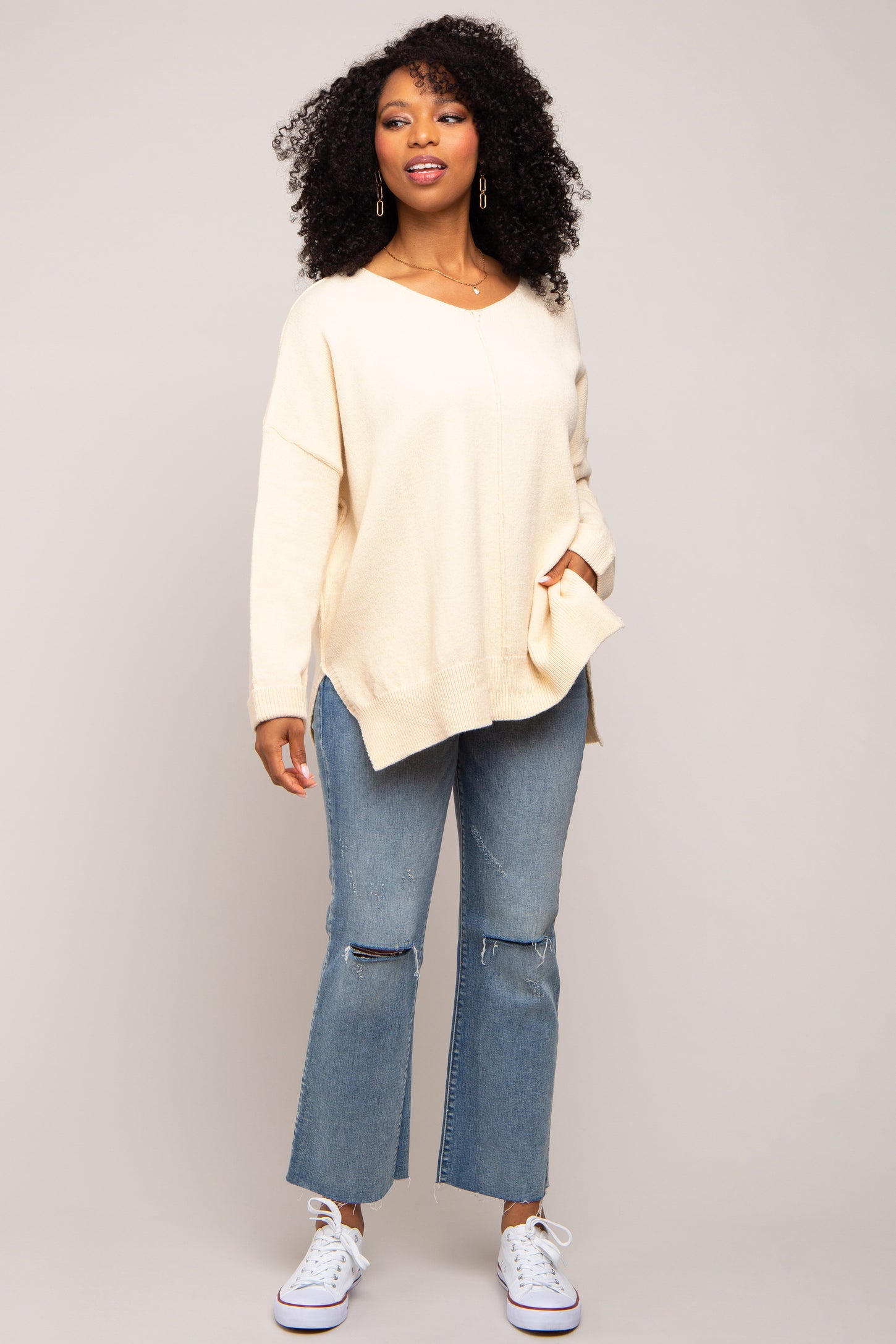 Cream Dolman Sleeve Side Slit Sweater