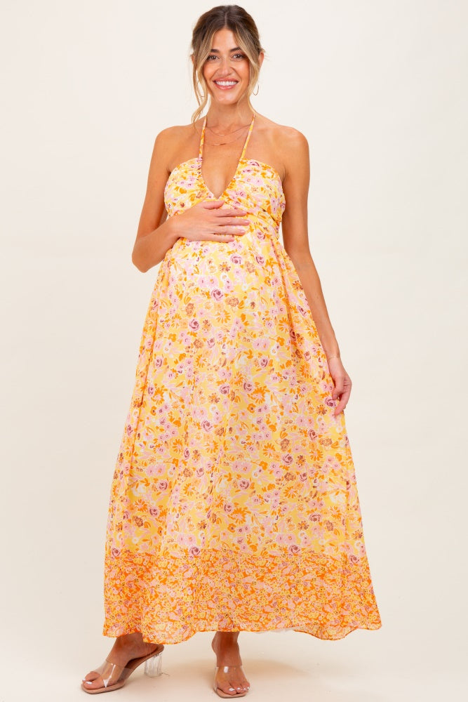 Orange Combo Flower Border Print Ruching Detail Maternity Maxi Dress
