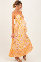 Orange Combo Flower Border Print Ruching Detail Maternity Maxi Dress