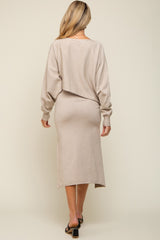 Beige Knit Long Sleeve Crop Top Maternity Midi Skirt Set