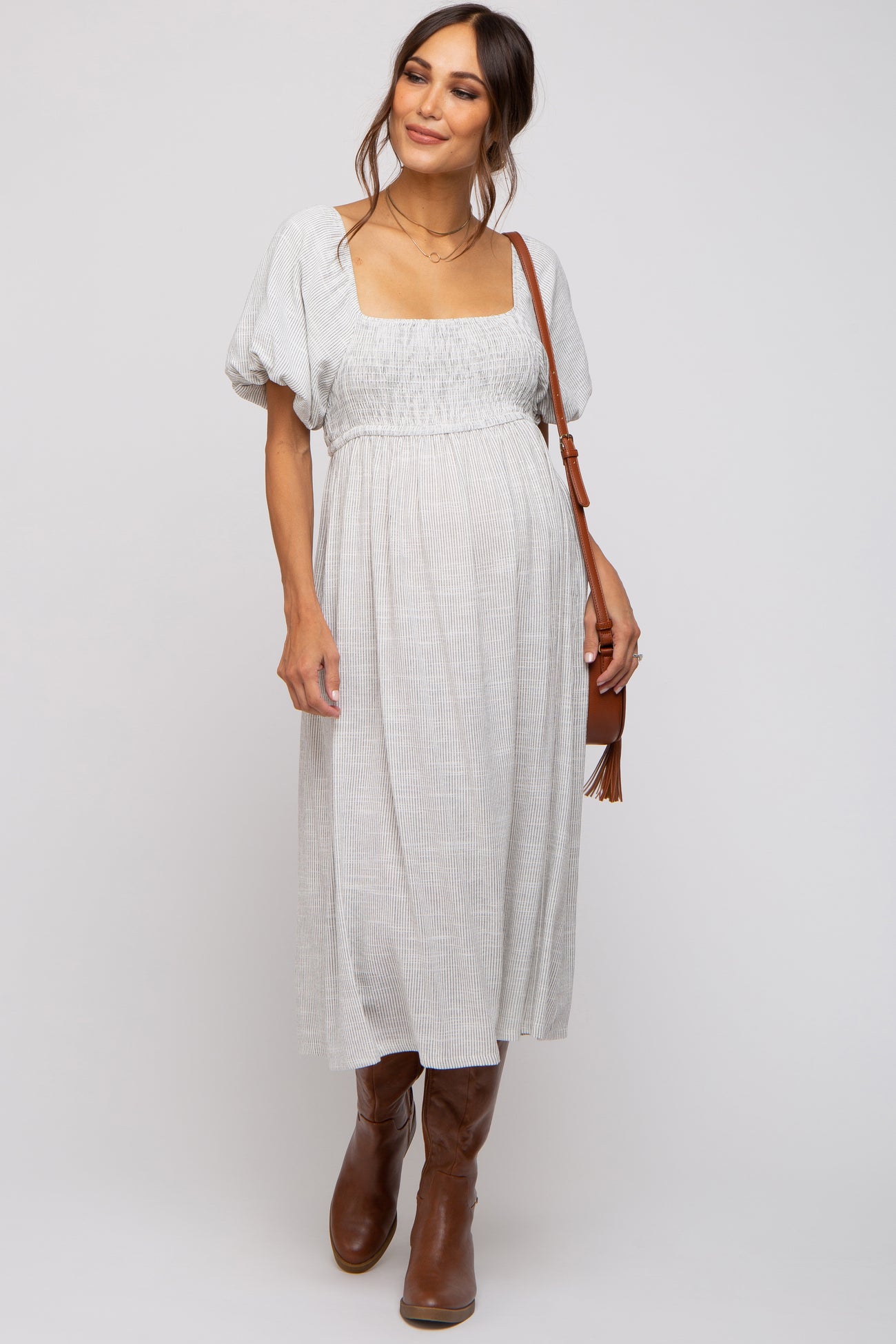 Ivory Striped Linen Smocked Short Puff Sleeve Maternity Midi Dress