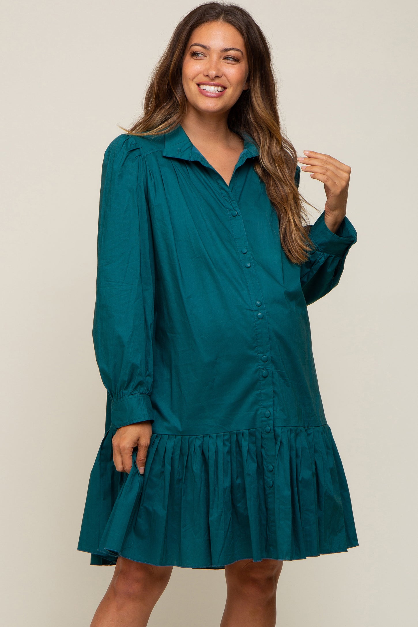Hunter Green Button Down High Neck Long Sleeve Maternity Dress