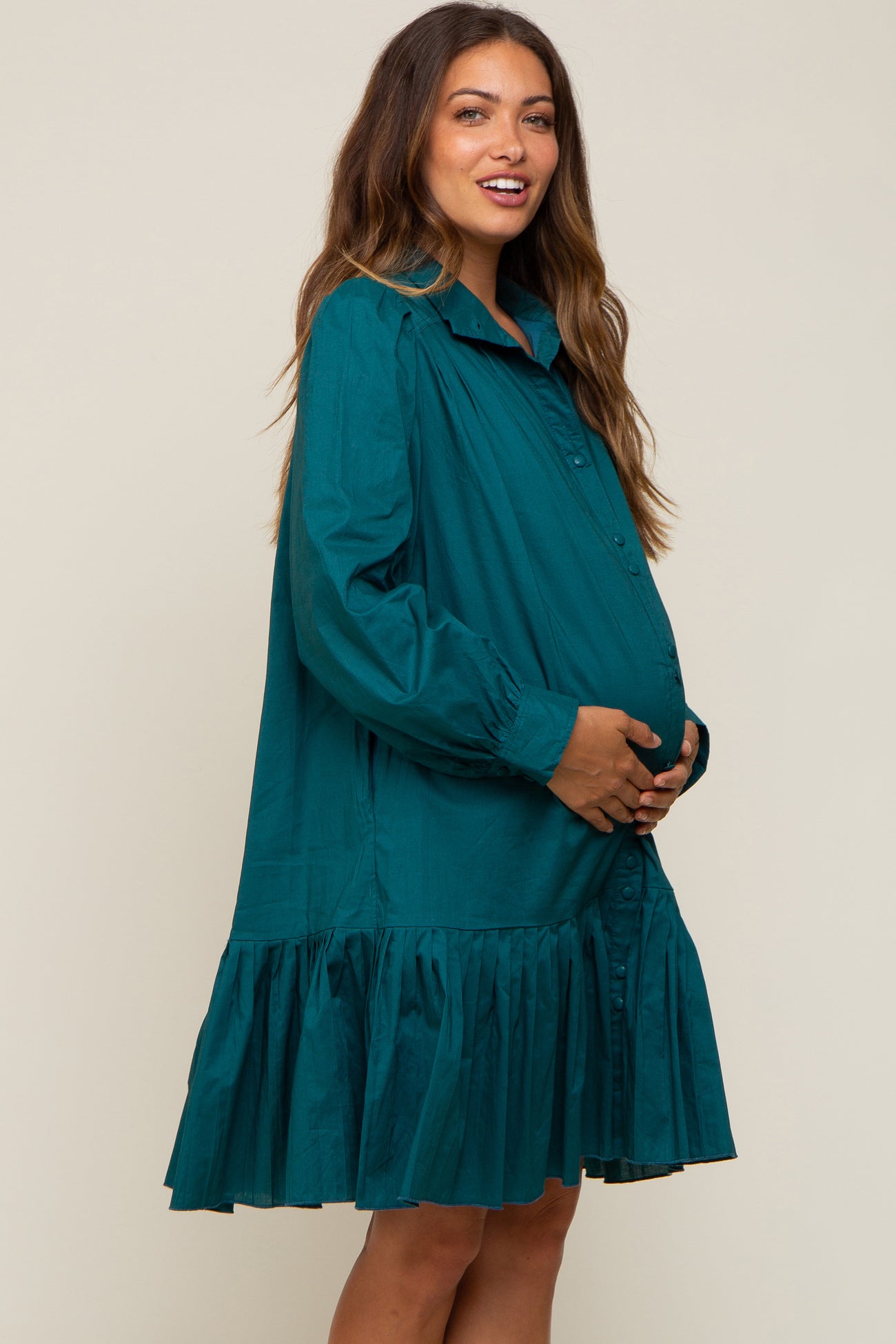 Hunter Green Button Down High Neck Long Sleeve Maternity Dress