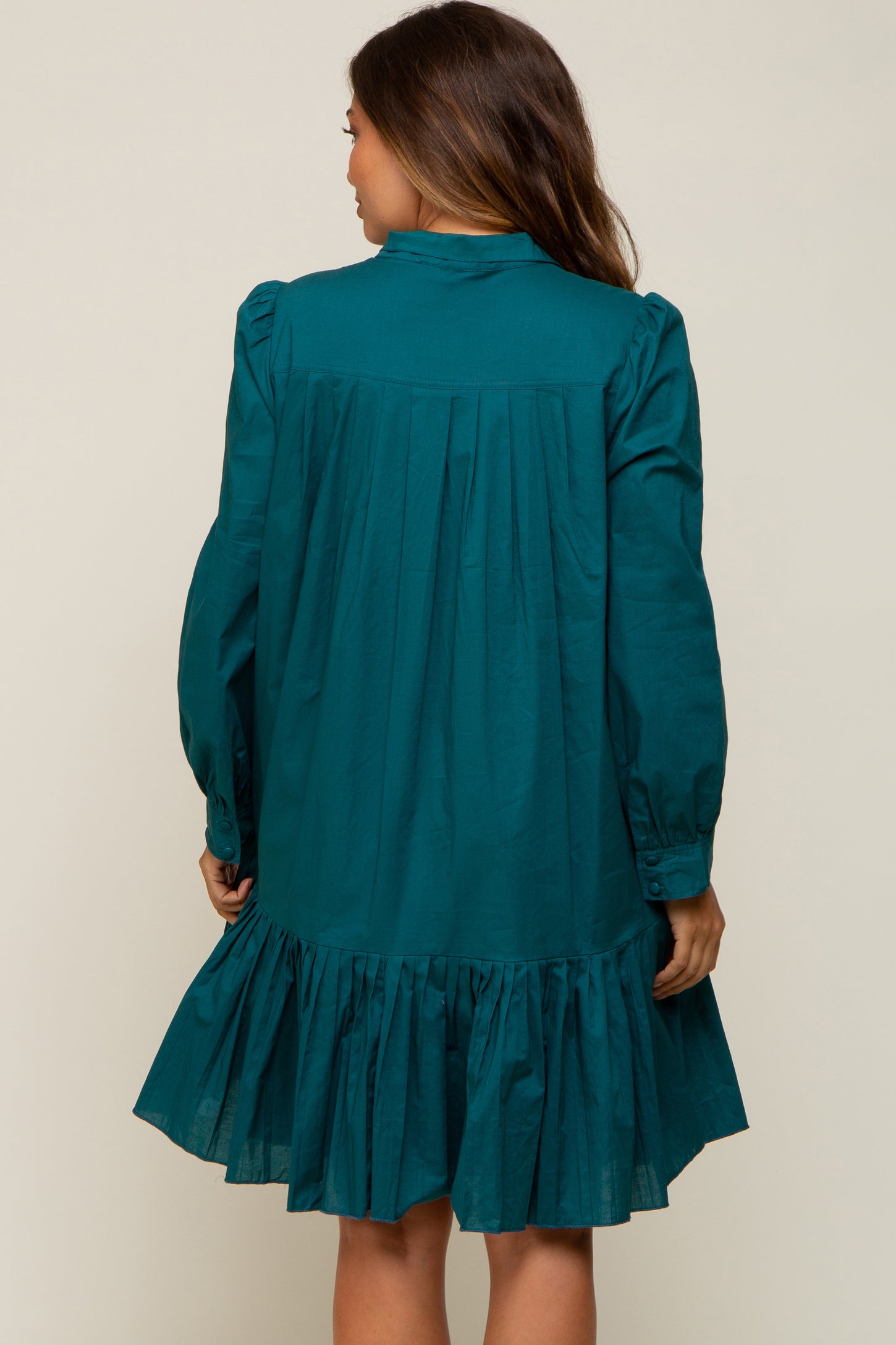 Hunter Green Button Down High Neck Long Sleeve Maternity Dress