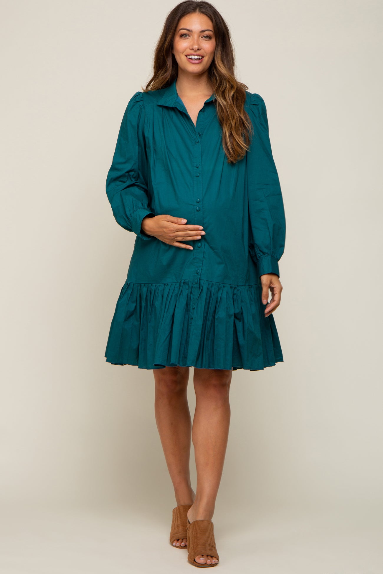 Hunter Green Button Down High Neck Long Sleeve Maternity Dress